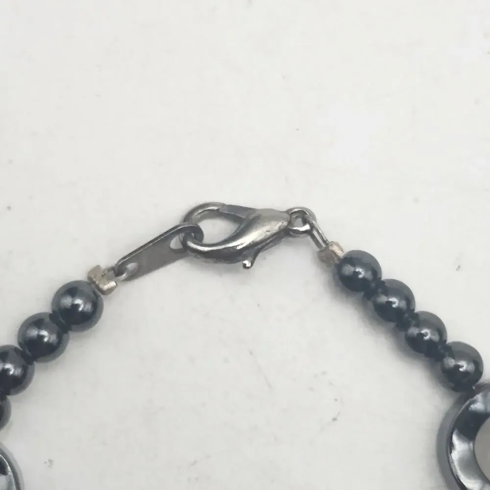 Smoky Quartz Hematite White Beaded Bracelet Black Gray Gemstone Clasp 7.5 Inch